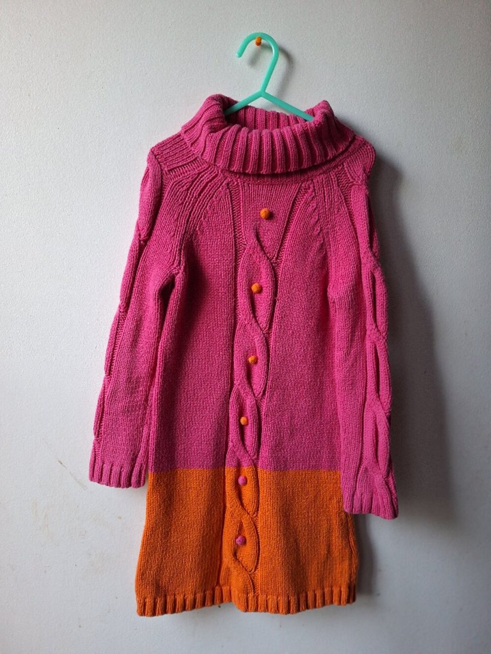 Size 7 Kid's 69% Cotton Pink and Orange Cable Knit Long Turtleneck Sweater